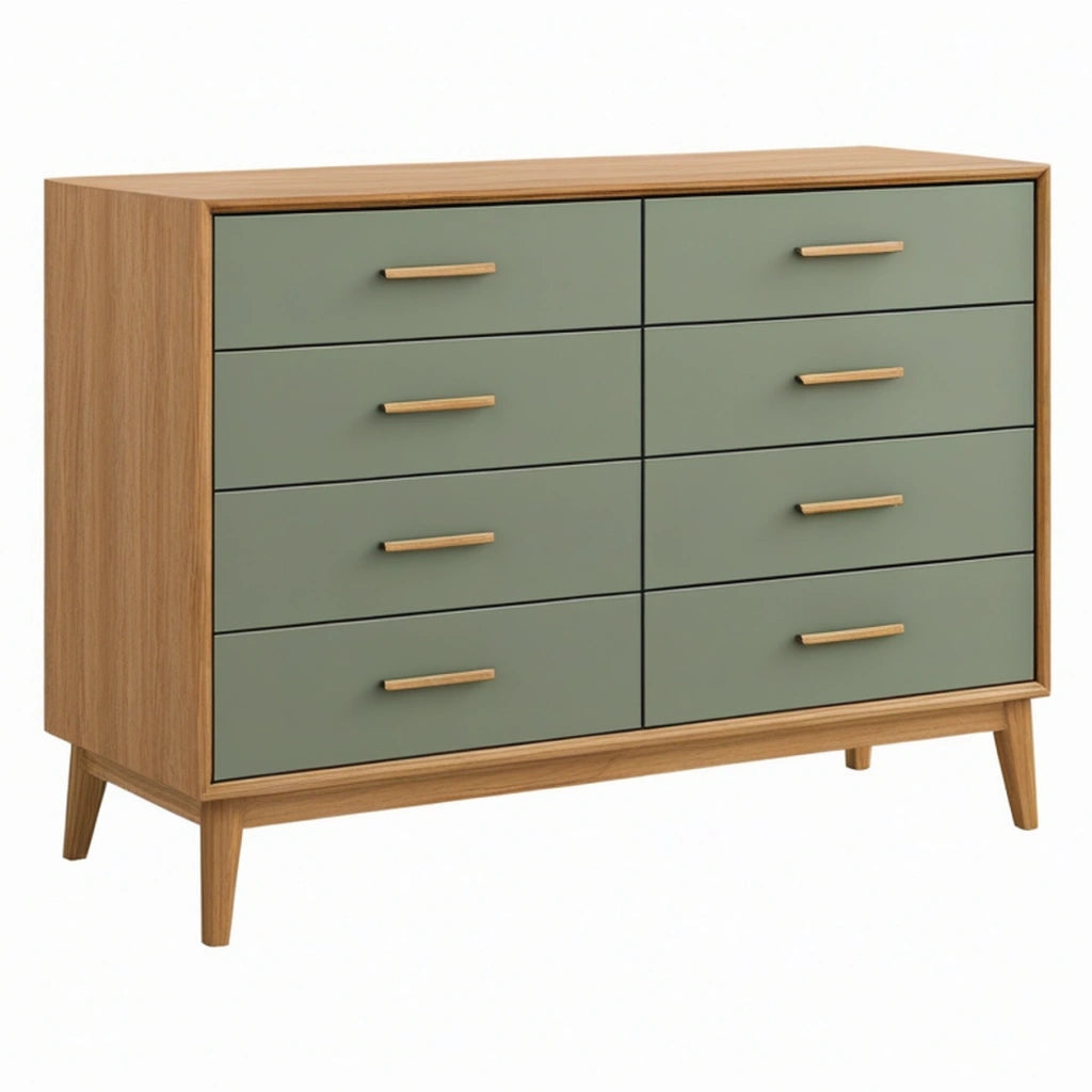 Cassettiera 120 x 45 x 90 cm in legno verde salvia con 8 cassetti stile moderno