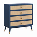 Cassettiera 80 x 40 x 100 cm in legno blu con rattan intrecciato - stile retrò con 4 cassetti