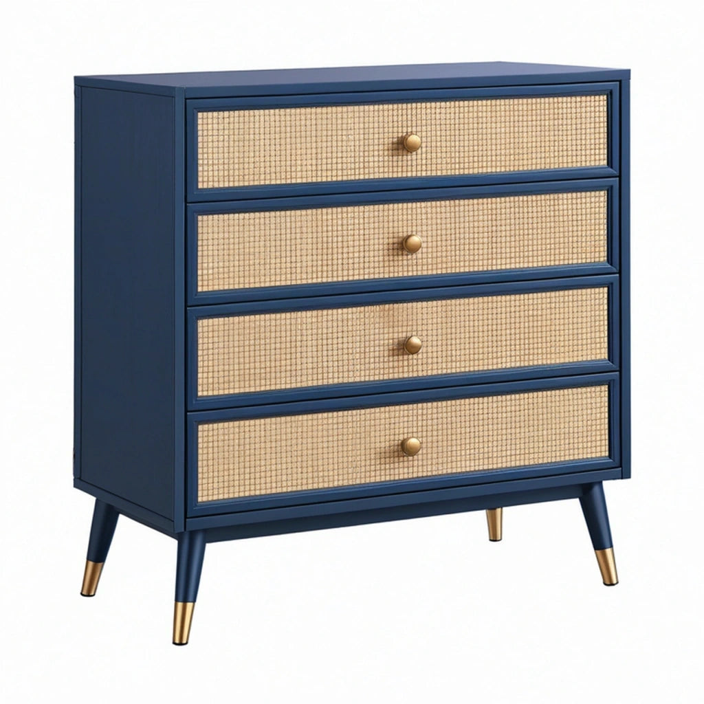 Cassettiera 80 x 40 x 100 cm in legno blu con rattan intrecciato - stile retrò con 4 cassetti
