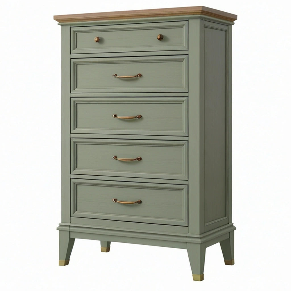 Cassettiera 80 x 45 x 130 cm in legno verde salvia con 5 cassetti stile classico