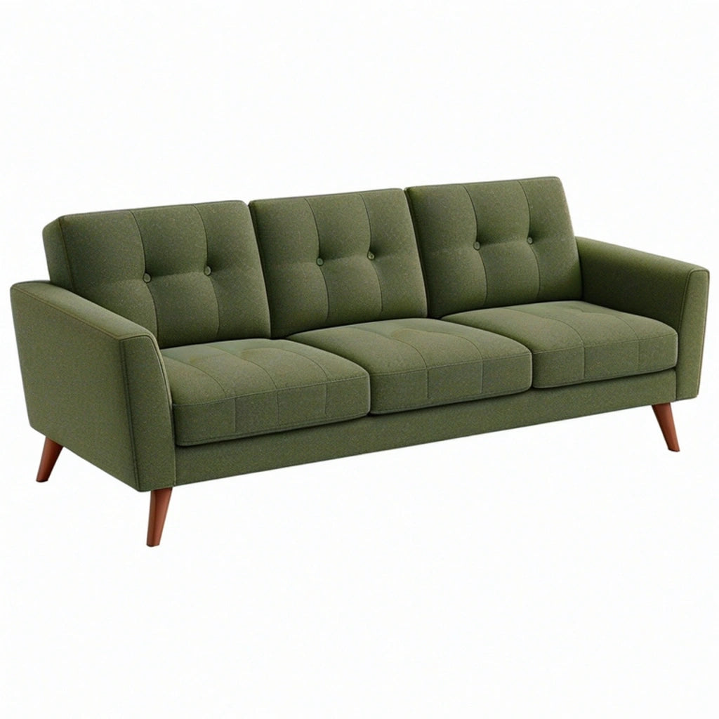 Divano tre posti 210 cm in tessuto verde con gambe in legno stile moderno