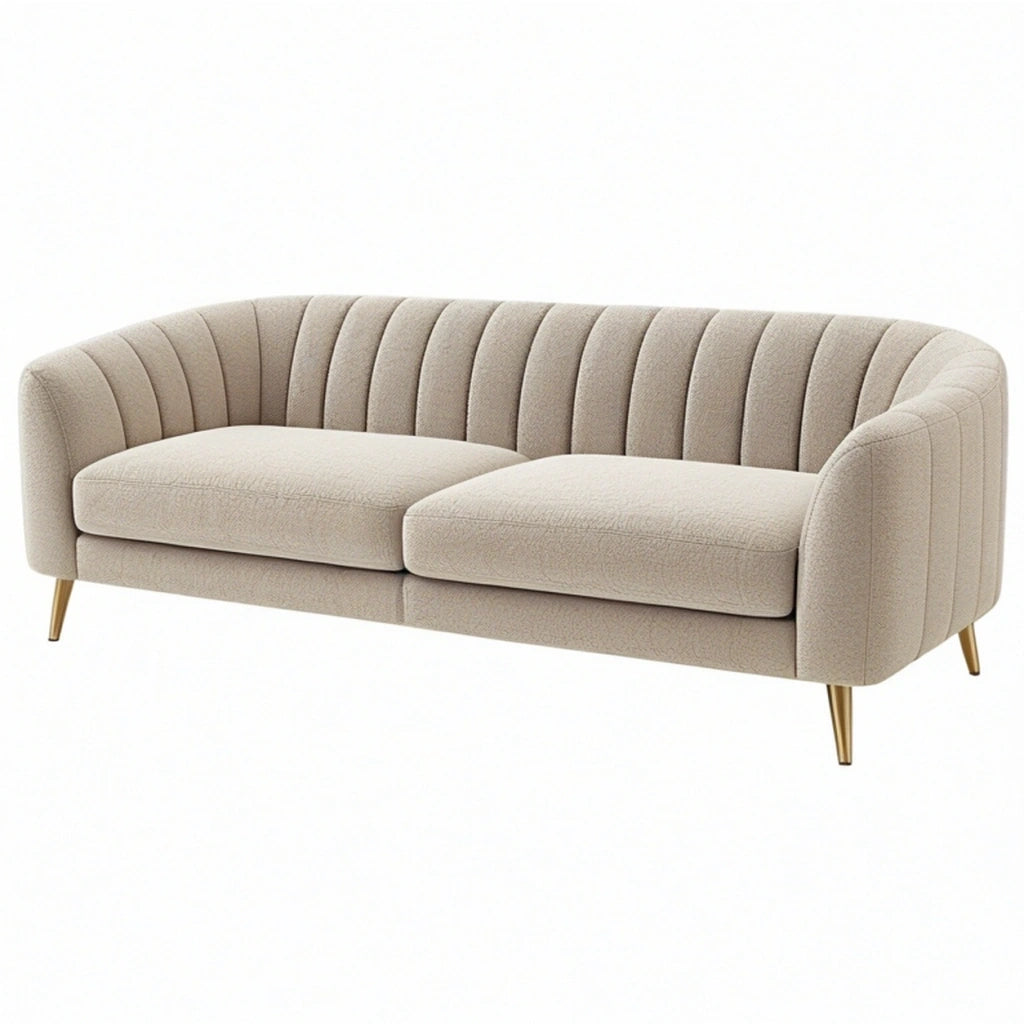 Divano 3 posti 210x88x78 cm in tessuto beige con gambe metalliche dorate stile moderno