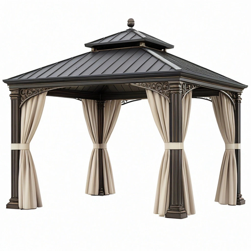 Gazebo da giardino 300 x 300 x 300 cm in metallo nero con tende beige - copertura a padiglione