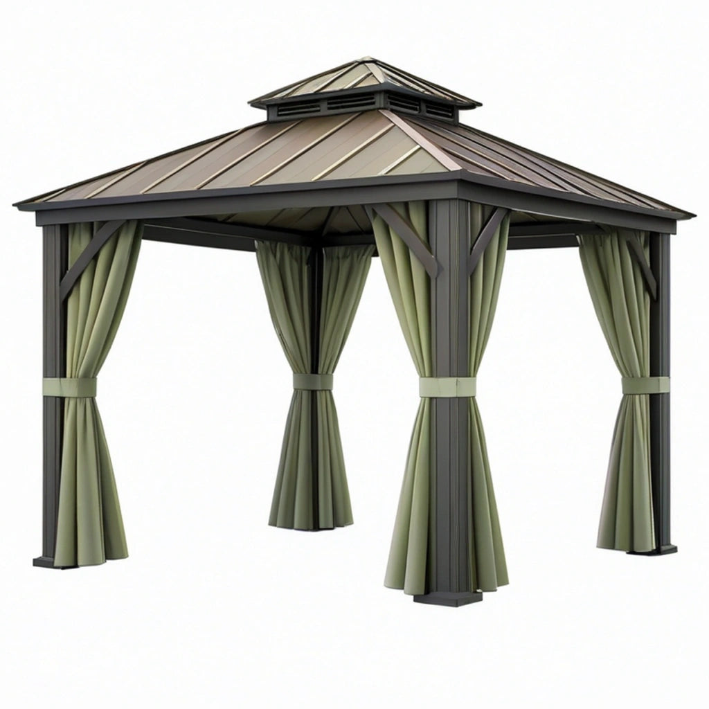 Gazebo da giardino 300 x 300 cm in metallo antracite con tende verdi - copertura rigida ventilata