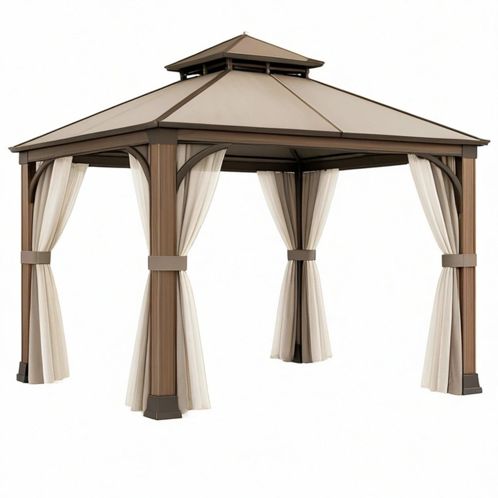Gazebo da giardino 300 x 300 x 270 cm in metallo marrone con tende e copertura