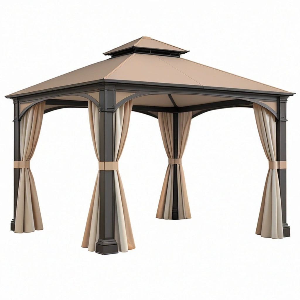 Gazebo da giardino 300 x 300 x 280 cm in metallo e tessuto beige antracite con tende stile classico