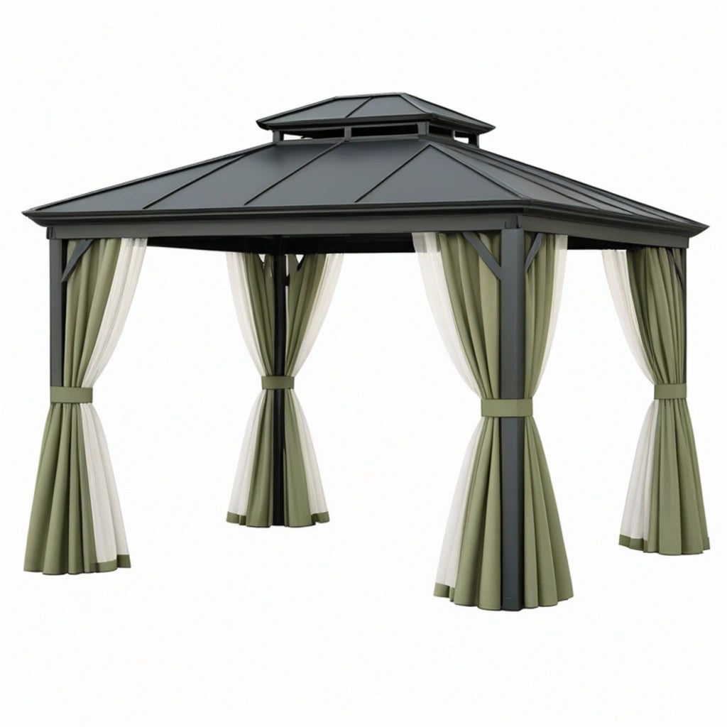 Gazebo da giardino 300 x 300 x 270 cm in metallo nero con tende verdi stile padiglione