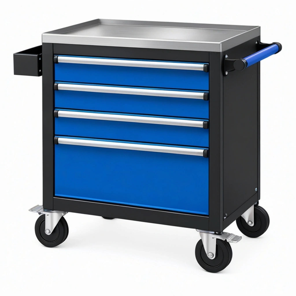 Carrello portautensili 75 x 45 x 95 cm in acciaio blu e nero con 4 cassetti e ruote