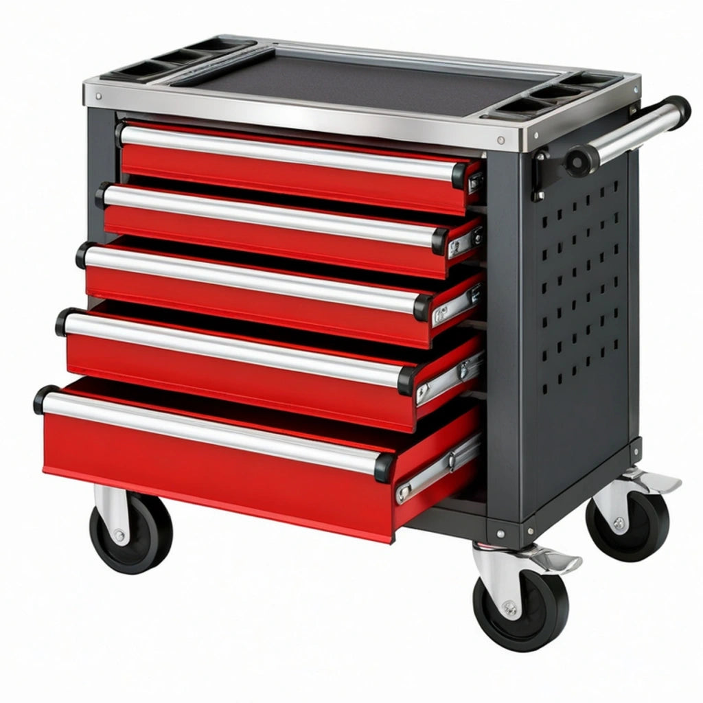 Carrello portautensili 76 x 46 x 96 cm in acciaio rosso e nero con 5 cassetti su ruote