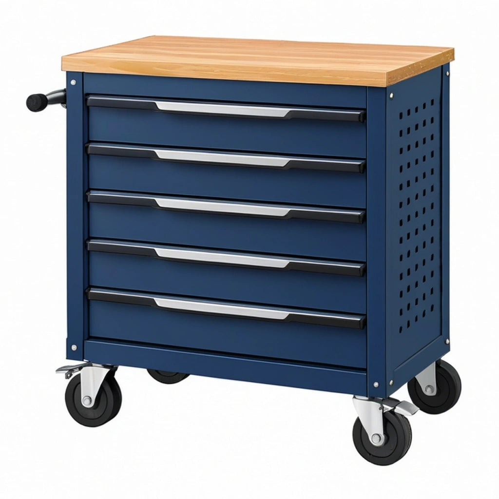 Carrello portautensili 76 x 46 x 95 cm in acciaio blu con piano in legno e 5 cassetti su ruote