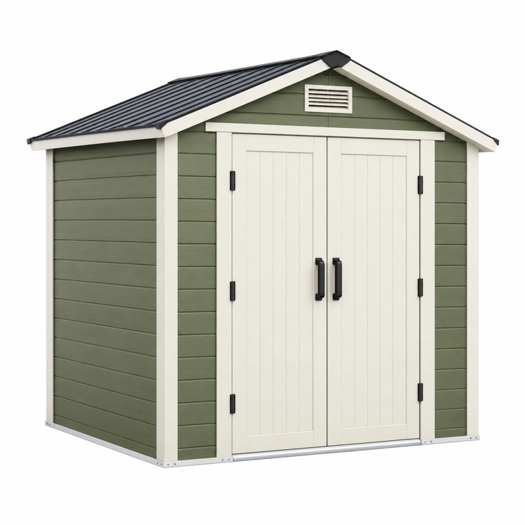 Casetta da giardino 191 x 122 x 201 cm in resina verde e beige con tetto inclinato