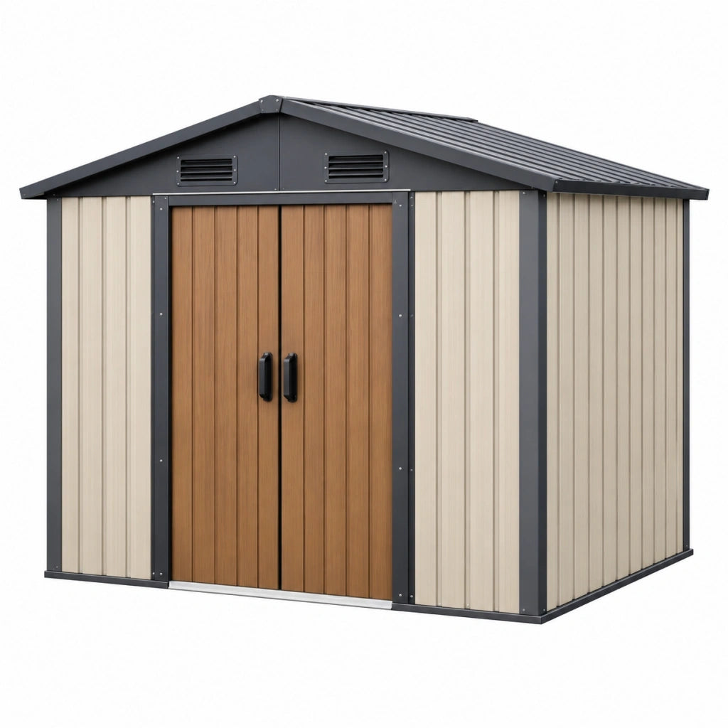 Casetta da giardino 213 x 130 x 185 cm in metallo beige e marrone con doppia porta ventilata
