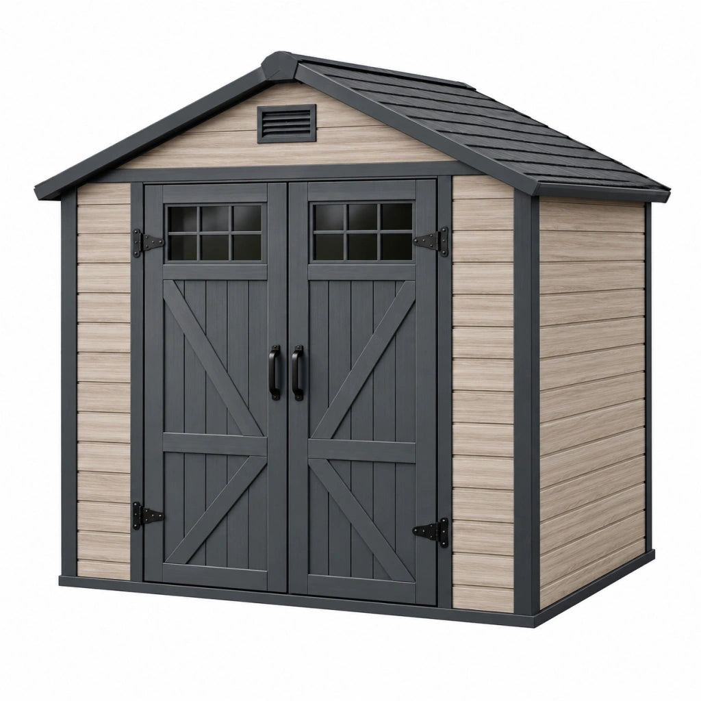 Casetta da giardino 190 x 120 x 190 cm in resina beige e antracite con doppia porta