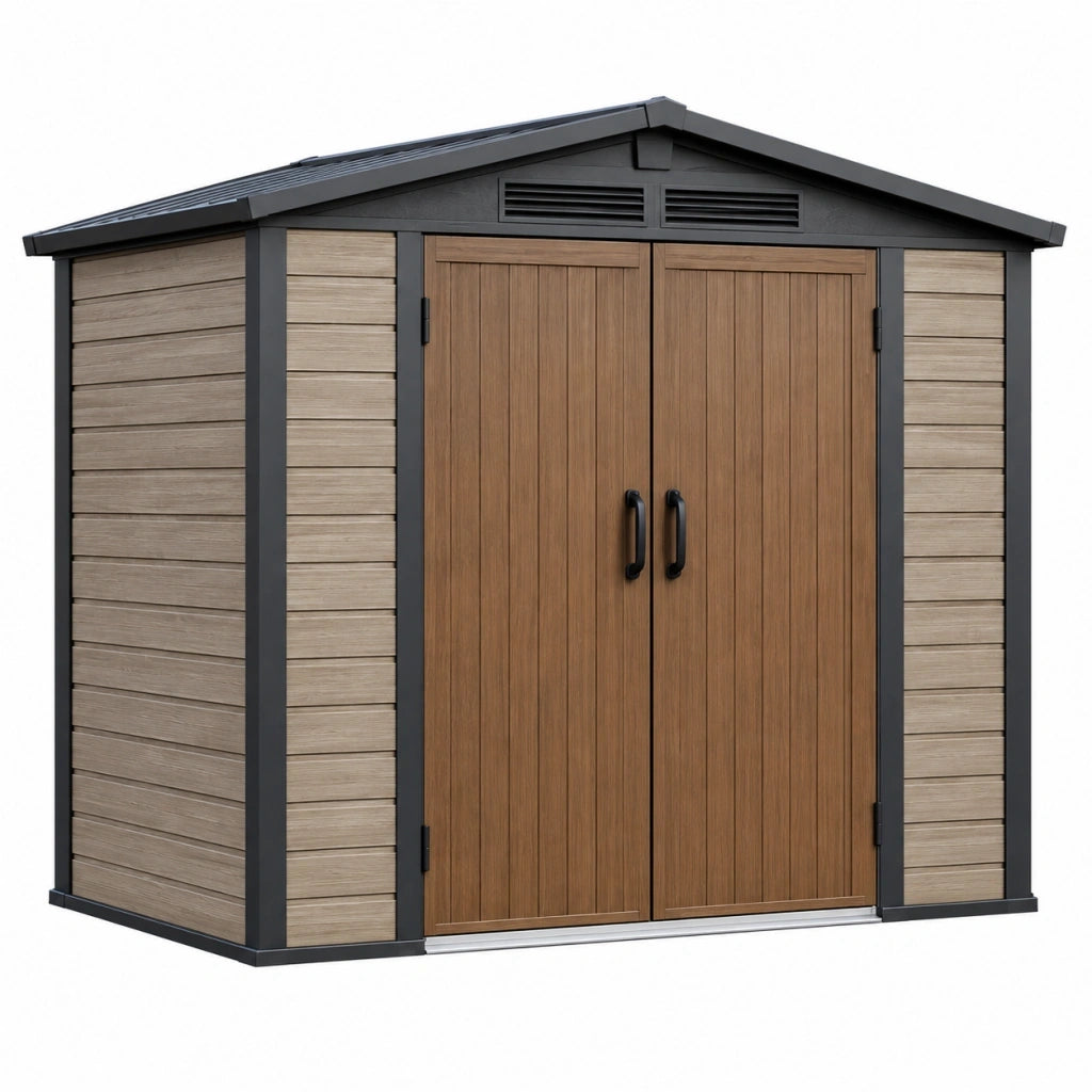 Casetta da giardino 190 x 110 x 180 cm in resina marrone/grigio con doppia porta e ventilazione